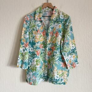 Hot Cotton Marc Ware 100% Linen Long Sleeve Button Down Tunic Shirt XL Tropical